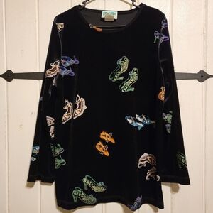 CoConut Blouse Velour Painted Heels Black Long Sleeve Size Medium